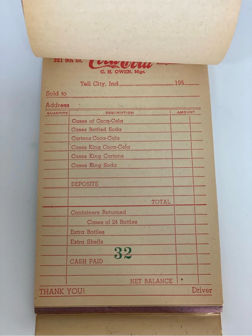 Vintage Coca-Cola Bottling Company Invoice Receipt Book Tell City Ind. Ephemera